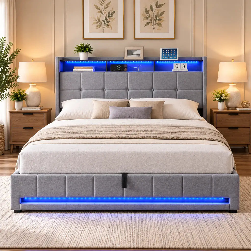 Grey Fabric Hydraulic Storage Platform Bed with LED Lights