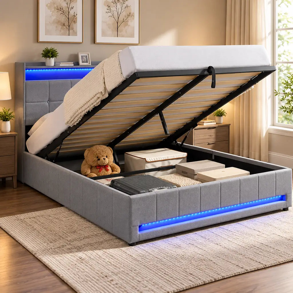 Grey Fabric Hydraulic Storage Platform Bed with LED Lights