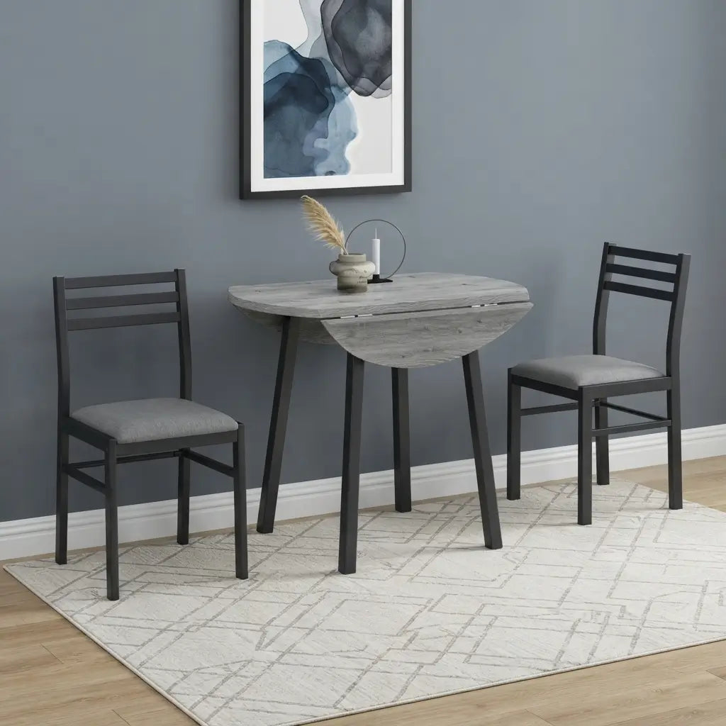3 piece round drop leaf dining set with 2 ladder back chairs in dark taupe and black