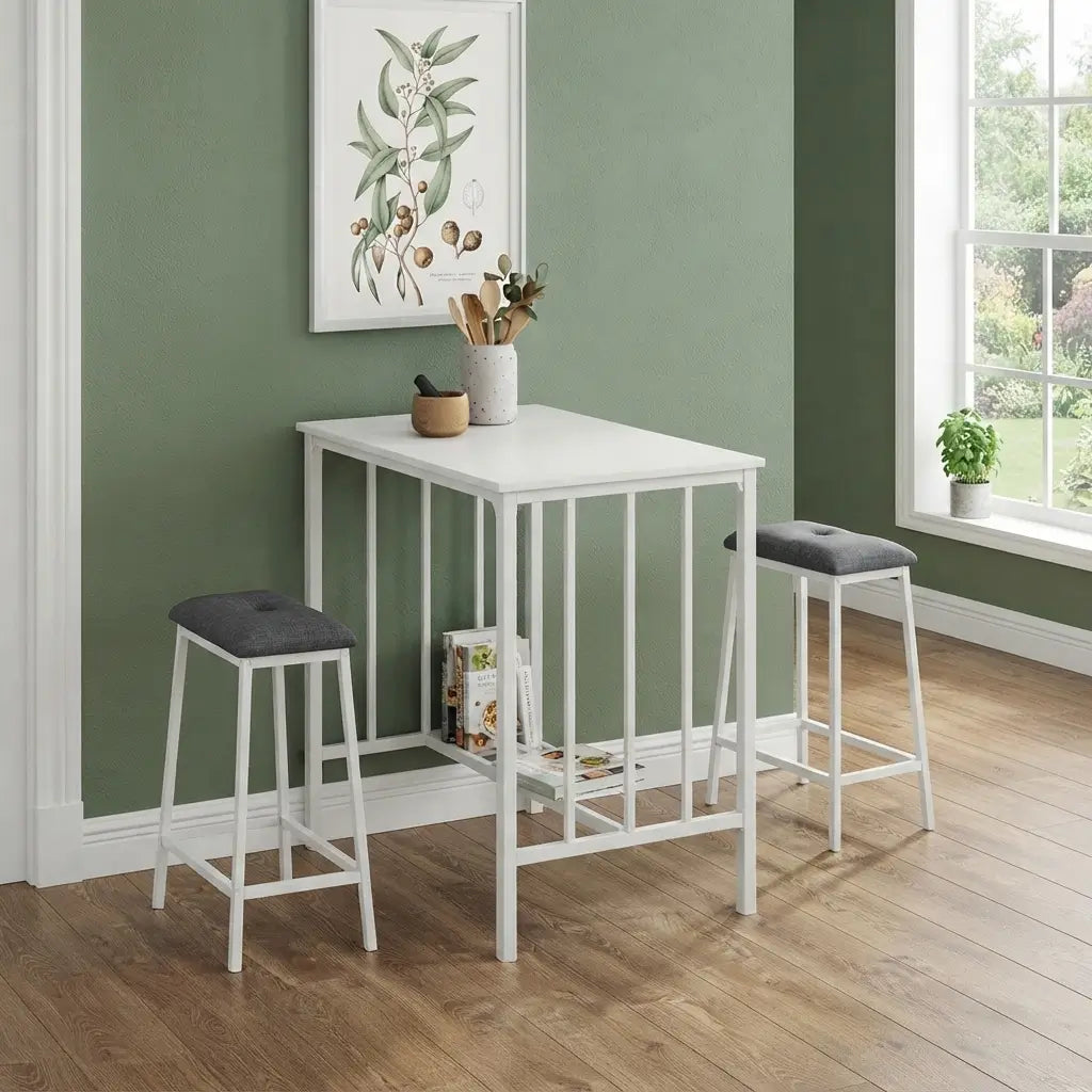 Counter-Height Dining Set with 2 Tufted Stools featuring a grey wood-look laminate tabletop and black metal frame in a modern kitchen