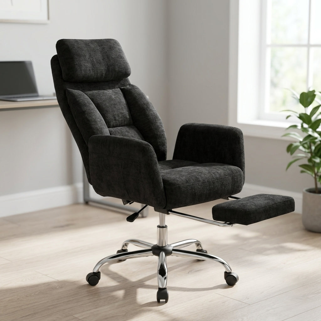 Black fabric high-back office chair with chrome accents, adjustable headrest, and flip-open footrest extended in a home office