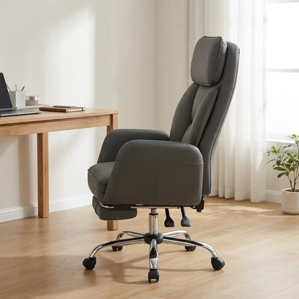 Black and grey leather-look high-back office chair with chrome accents, adjustable headrest, and flip-open footrest extended in a home office
