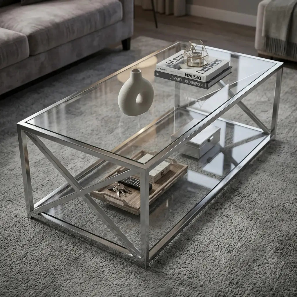 Contemporary glass top rectangular coffee table with polished chrome X legs