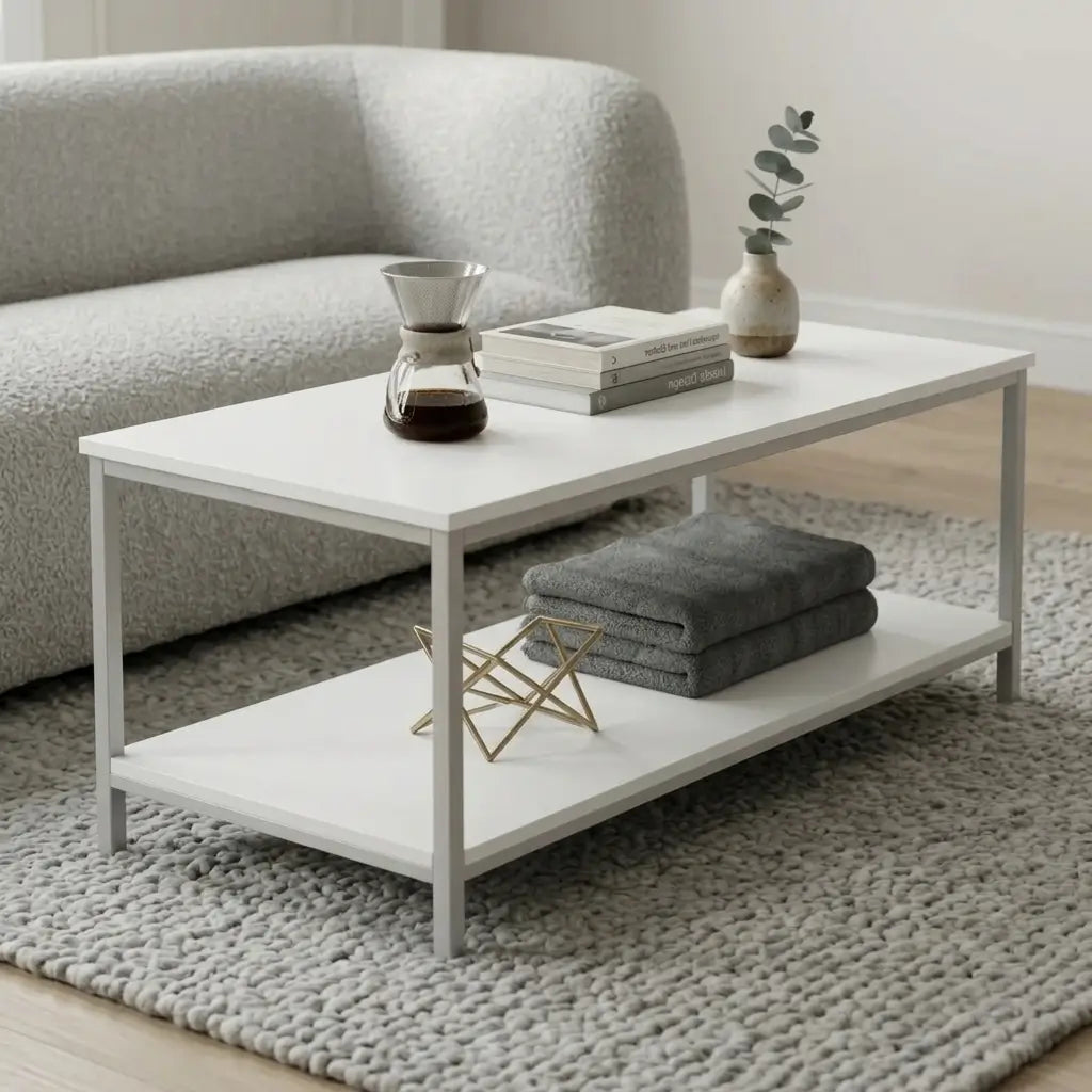 Contemporary two-tier table with white laminate shelves and silver metal frame, styled with plants and books