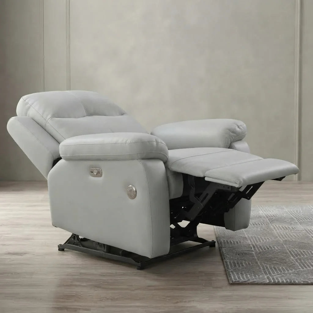 Pewter grey glider rocker recliner in living room
