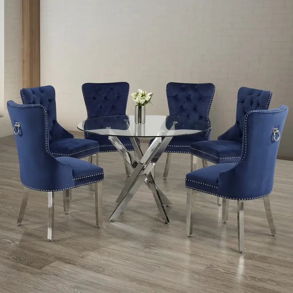 7-Piece Contemporary Dining Set displayed with rich wood-finish tabletop details and padded fabric chairs in an open-concept home