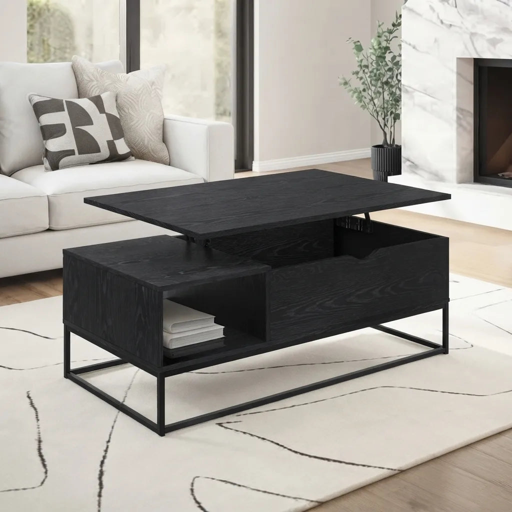 Rectangular black lift top coffee table with open hidden storage compartment