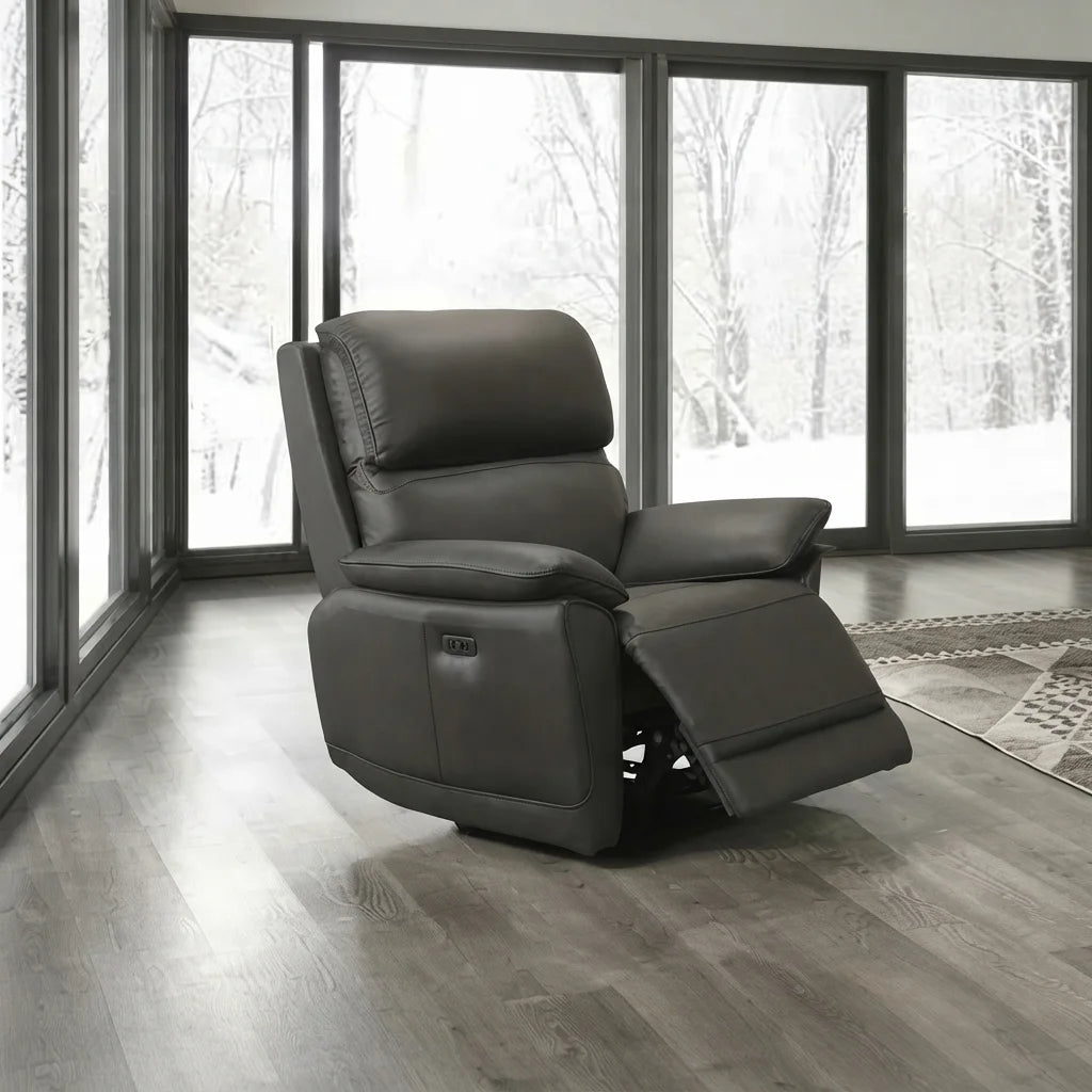 Soft brown leather power recliner with footrest extended