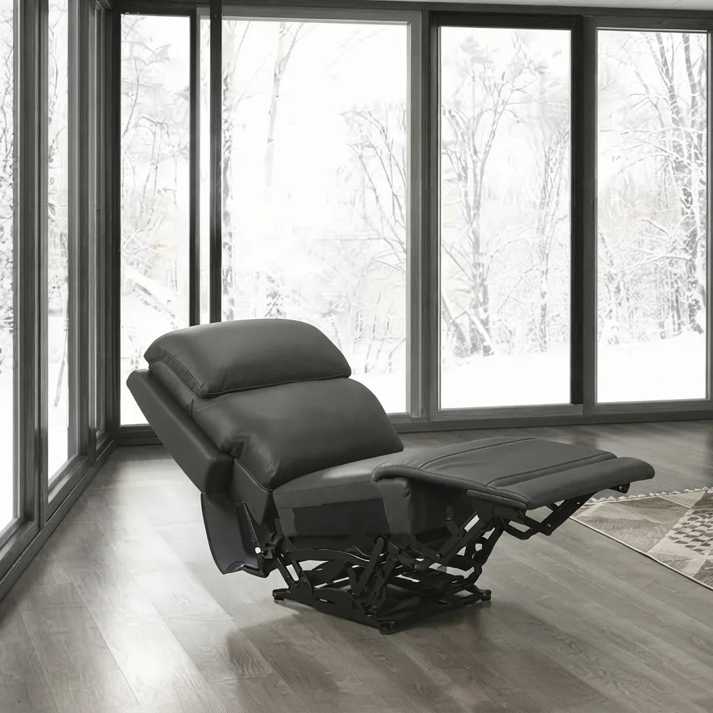 Side view of soft brown leather power recliner chair