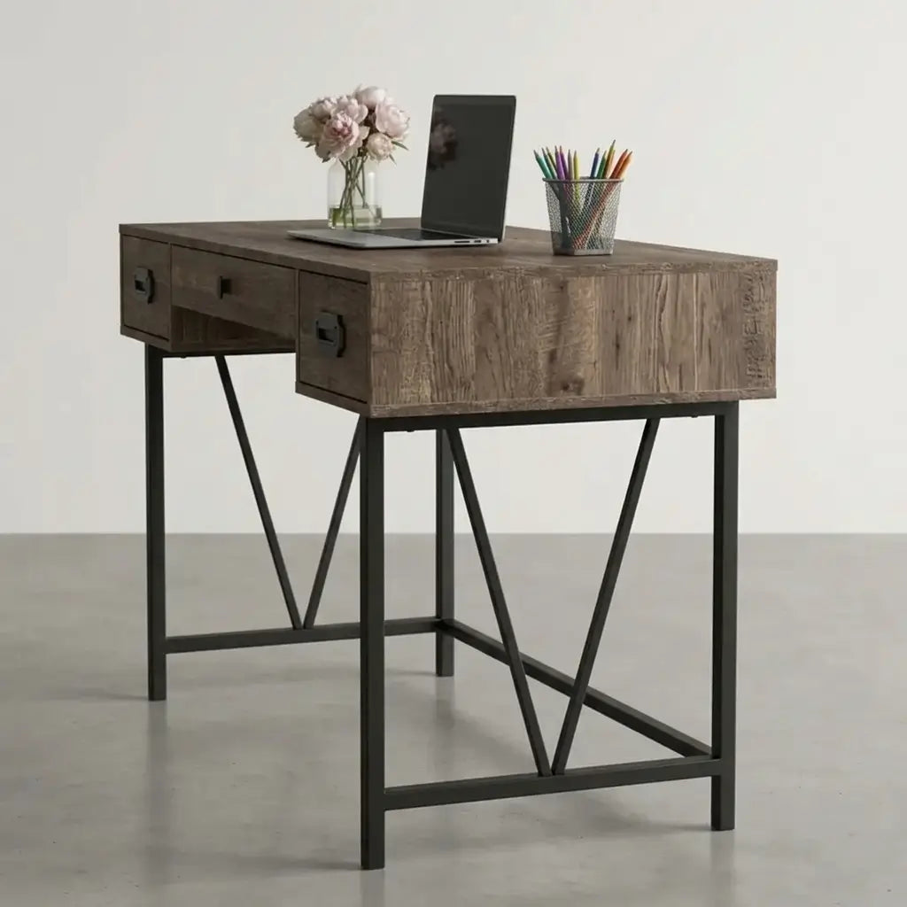 Rustic brown computer desk with spacious tabletop, retro black metal pulls on the side drawers, and black leather pull on the middle drawer