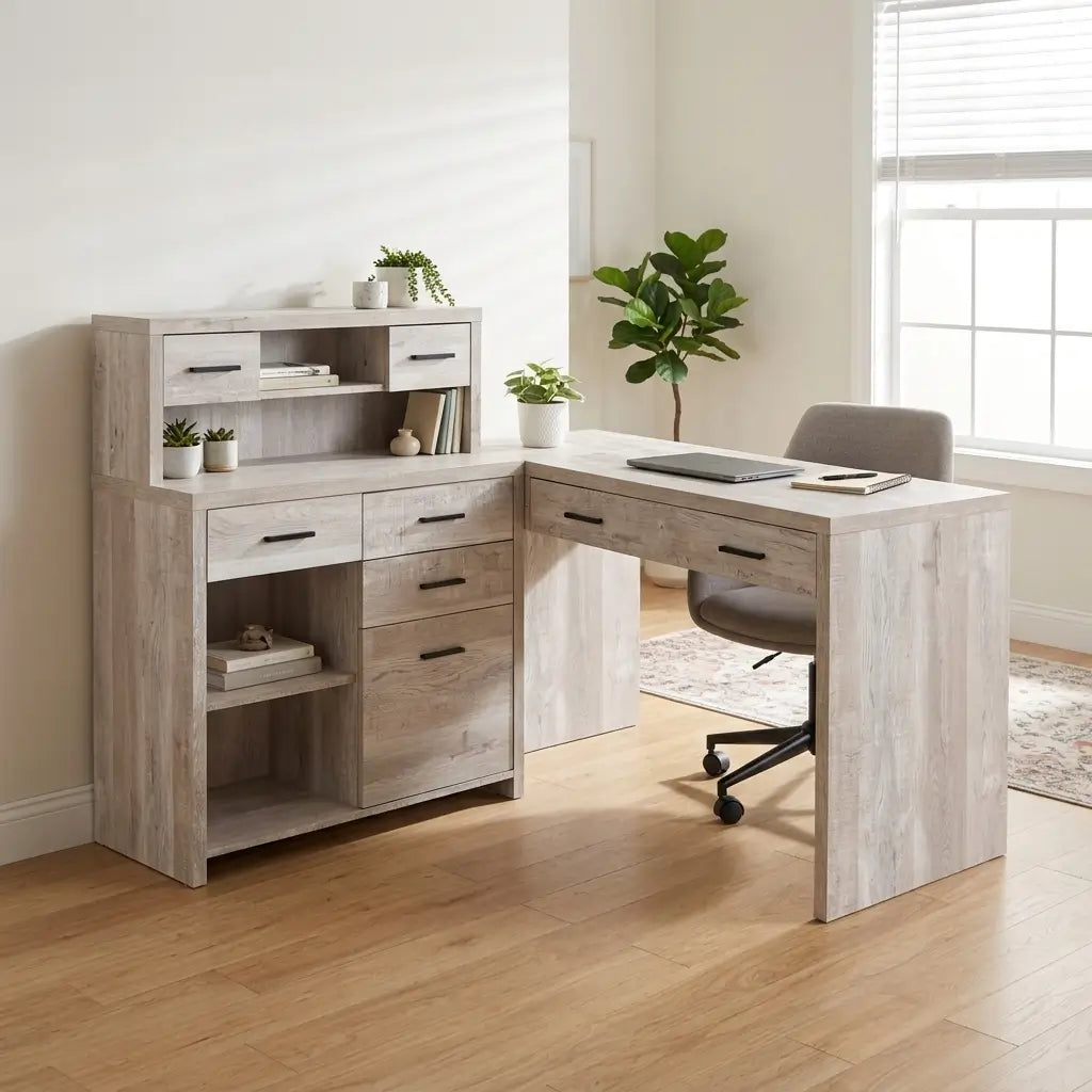 Rustic brown L-shaped desk with large work surface, hutch with open cubbies and shelf top, and drawers with silver handles