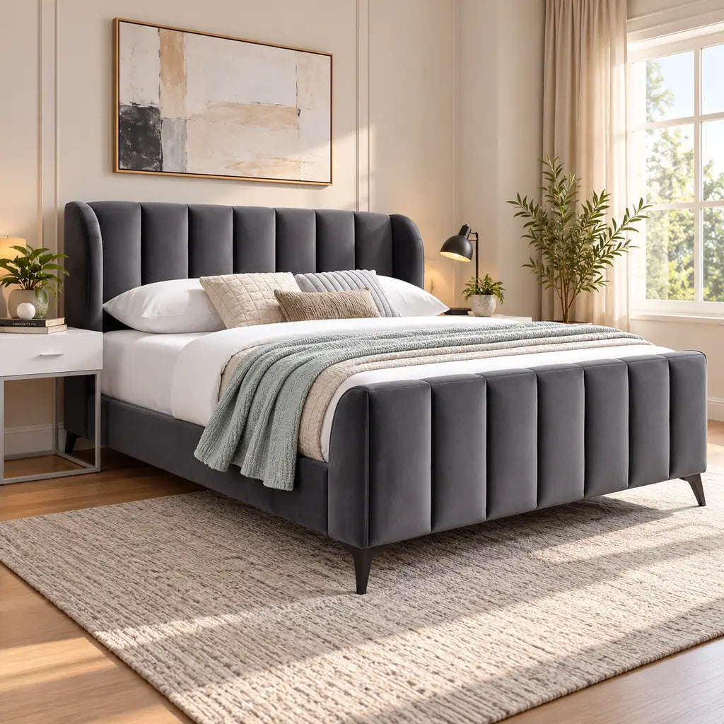 Grey Velvet Wingback Bed with Black Metal Legs