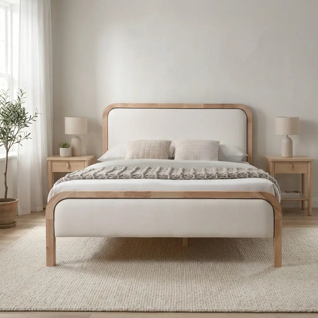 Beige Fabric Platform Bed with Natural Wood Frame