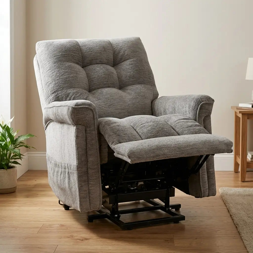 Soft grey fabric lift chair with hardwood frame, high-density foam cushions, and wired remote control in a living room
