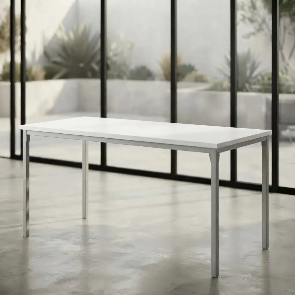 40 inch white contemporary rectangular coffee table with silver metal frame