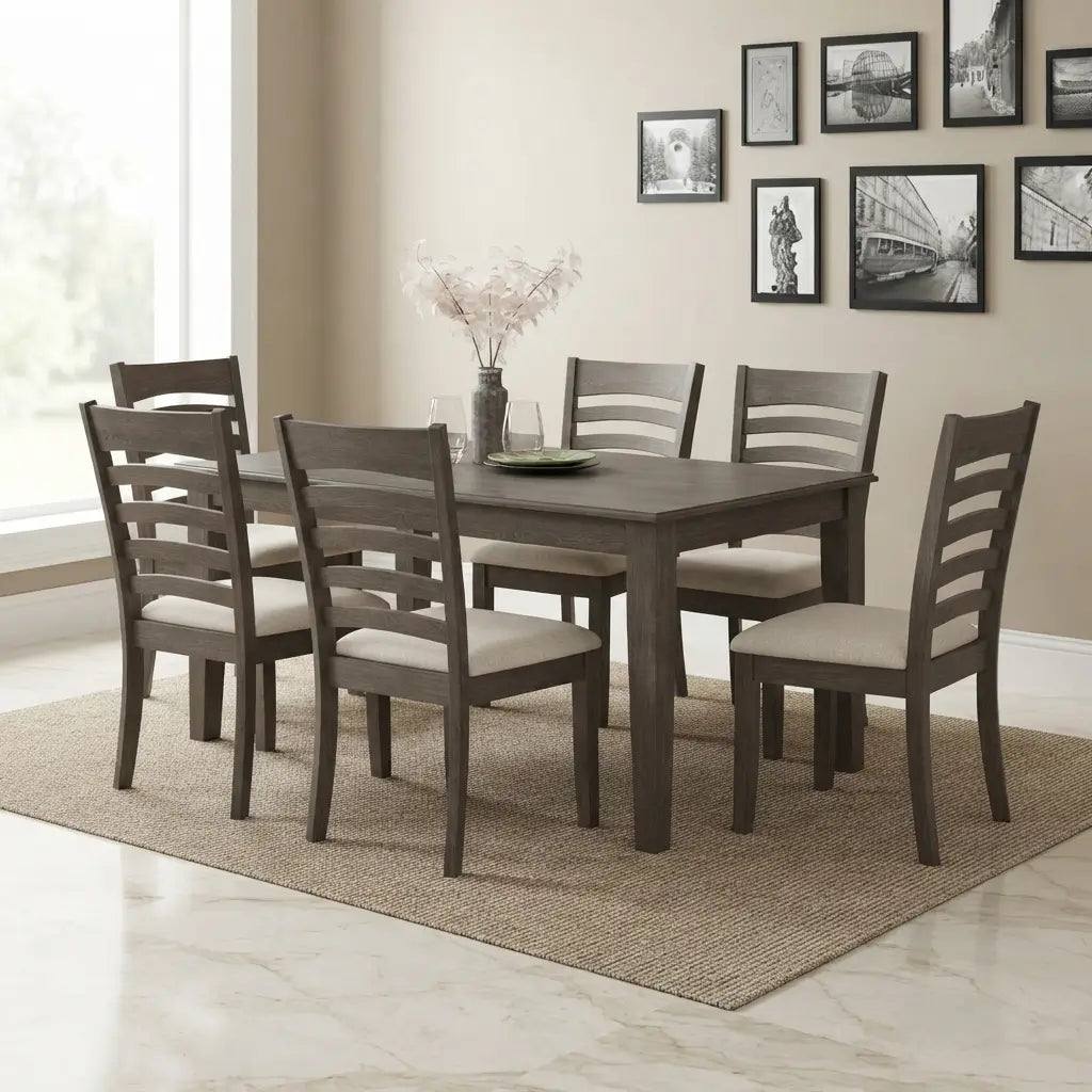 7-Piece Modern Extendable Dining Set featuring a sleek rectangular table and matching upholstered chairs in a contemporary dining space