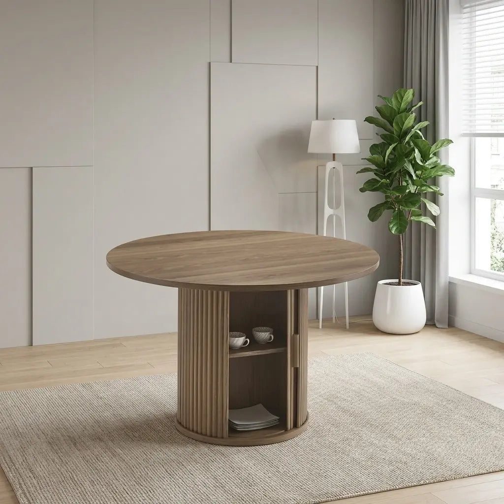 7-Piece Contemporary Dining Set displayed with rich wood-finish top details and padded fabric chairs in an open-concept dining space