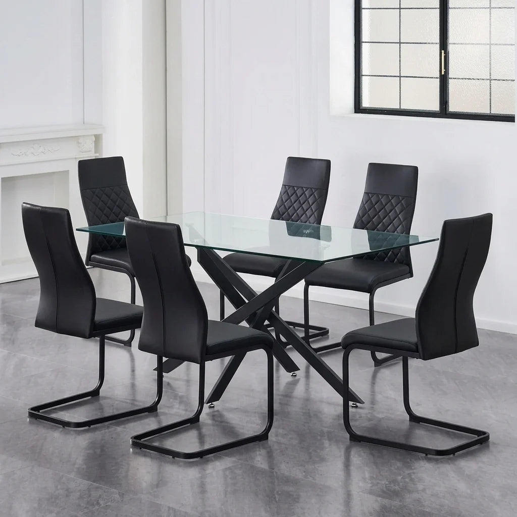 7-Piece Modern Dining Set featuring a rectangular table and matching upholstered chairs in a contemporary dining space