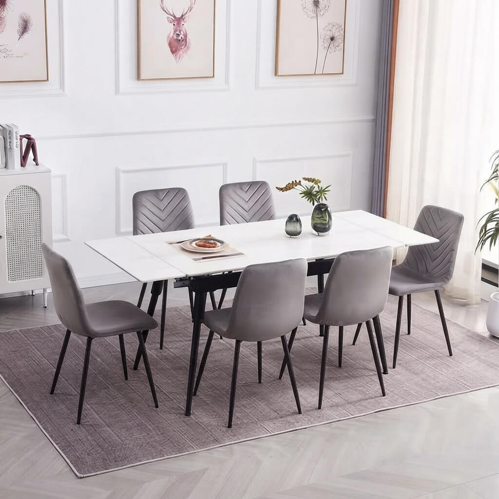 7-Piece Modern Glass Top Dining Set featuring a clear rectangular tempered glass table and sleek velvet chairs in a contemporary dining space
