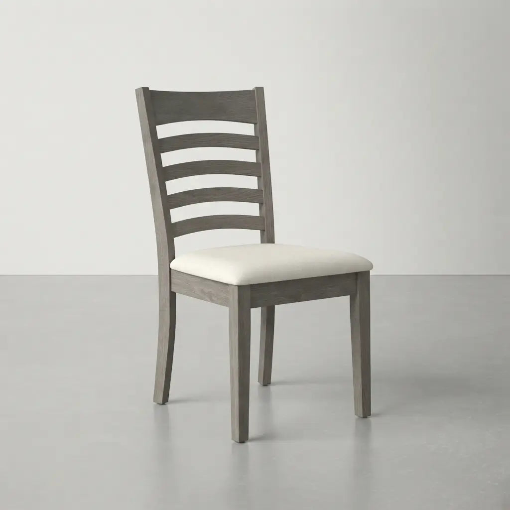 Transitional Wood Dining Chair featuring a grey wood finish, slat-back design, and white cushioned upholstered seat against a neutral studio background