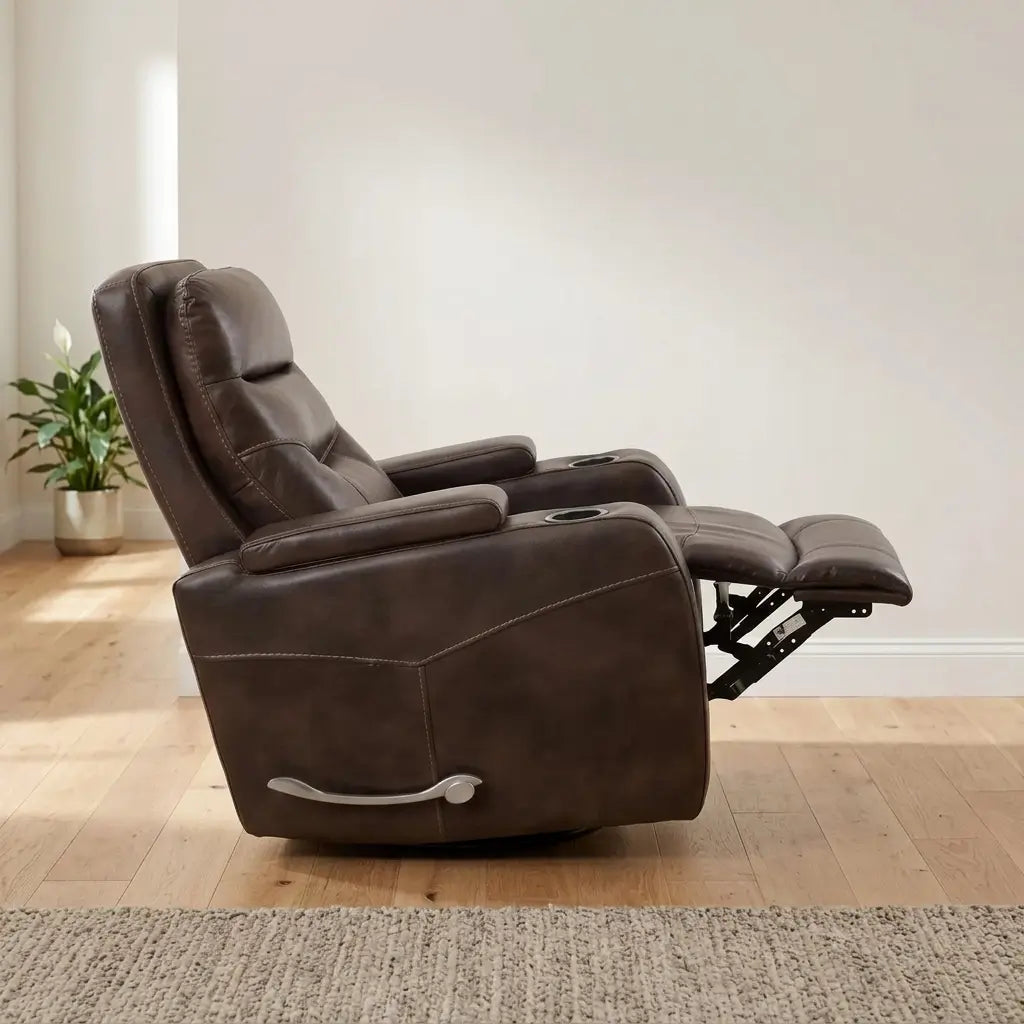 Soft brown PU rocker recliner with space-saving wallhugger design and manual pull handle placed close to a living room wall