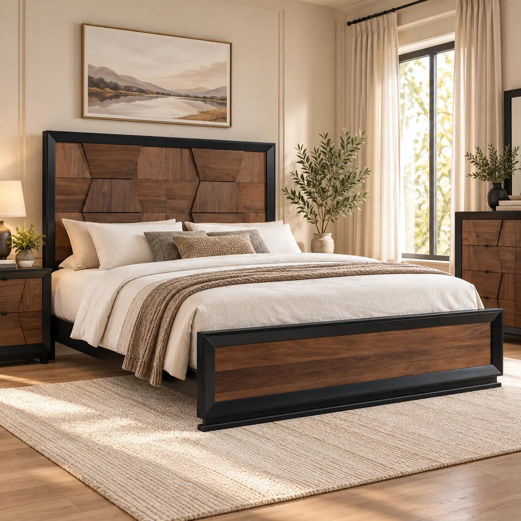 Walnut wood panel bed with bold espresso framing and block-patterned headboard details