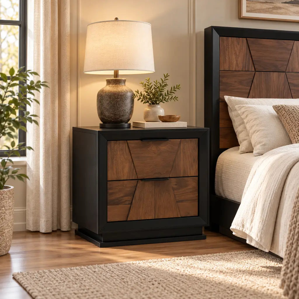 all walnut wood vertical chest of drawers featuring modern block-patterned textures and espresso trim