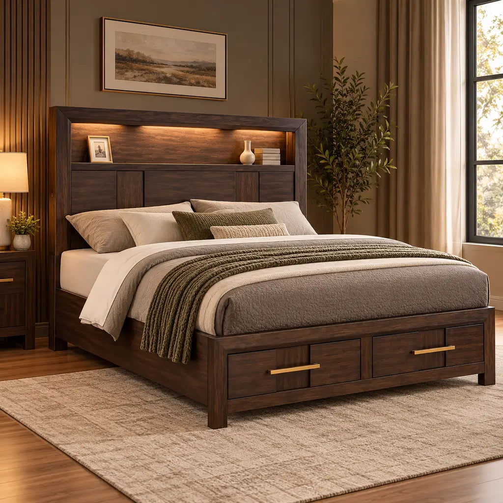 Walnut wood platform storage bed featuring an illuminated LED headboard, integrated speaker, USB port, and two footboard drawers