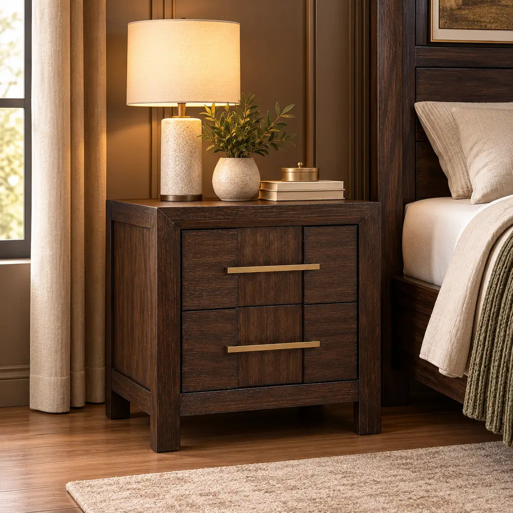 Walnut wood bedside nightstand featuring multi-drawer storage and clean transitional styling