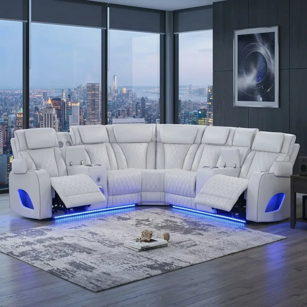 Bright faux leather sectional with LAF and RAF power reclining seats, ambient LED lighting, and center console wedge in a contemporary living room