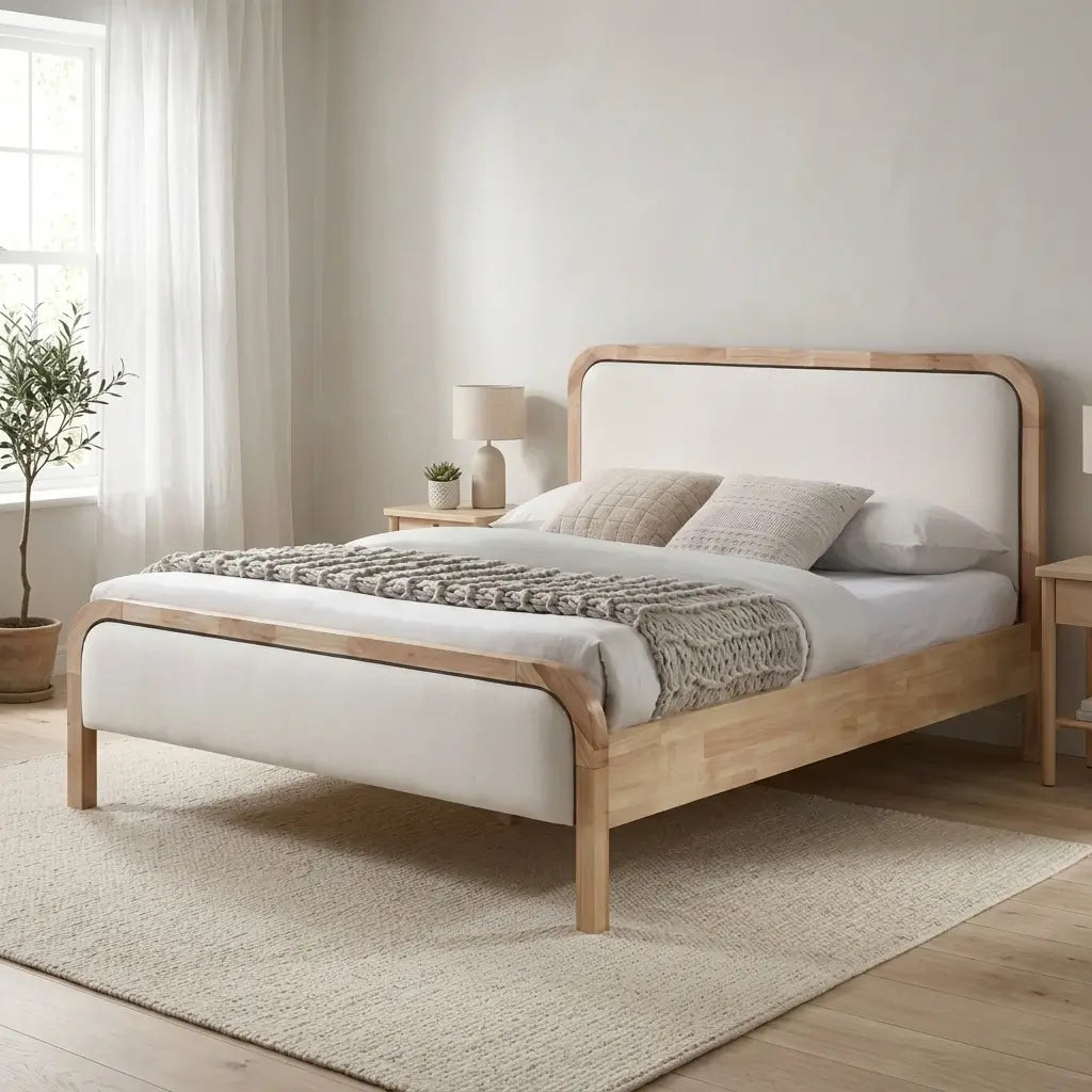 Beige Fabric Platform Bed with Natural Wood Frame