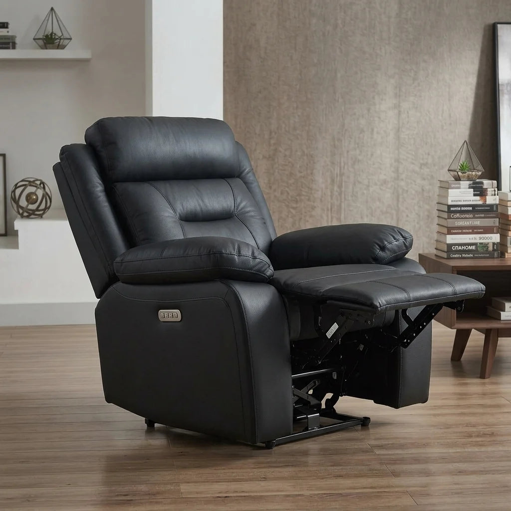 Three quarter side view of black leather recliner