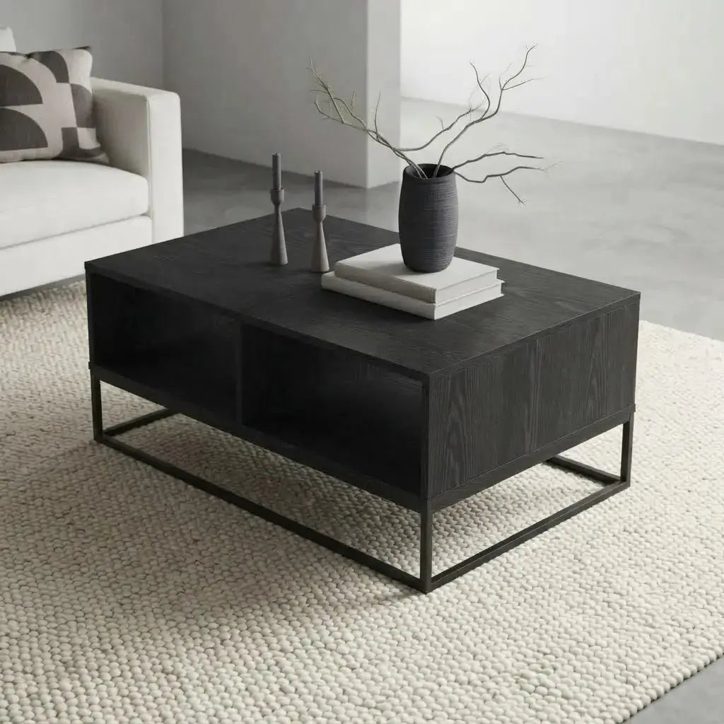 47 inch black lift top coffee table with black metal frame in minimalist living room