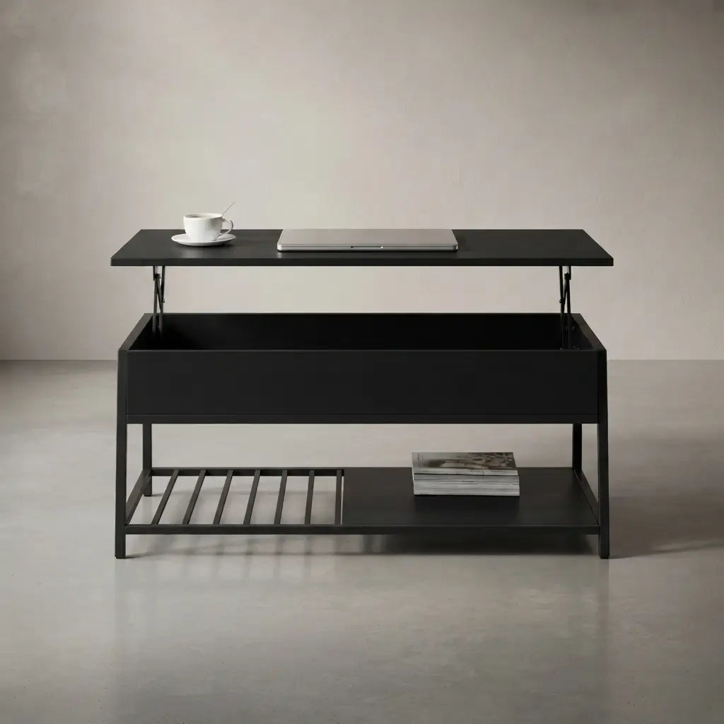 Black lift top coffee table with open storage compartment and bottom shelf