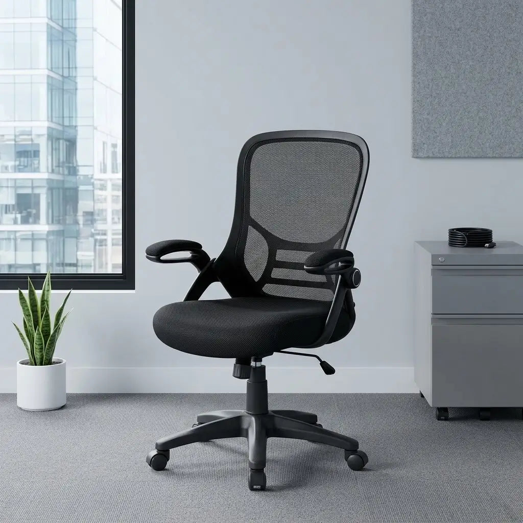 black mesh mid back office chair with flip-up padded armrests, foam cushioned seat and black metal base