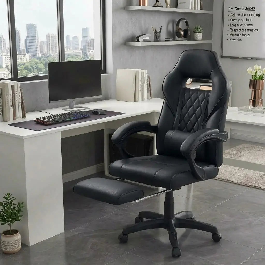 Black faux leather racing style office chair with diamond-stitched back, padded armrests, and pull-out footrest