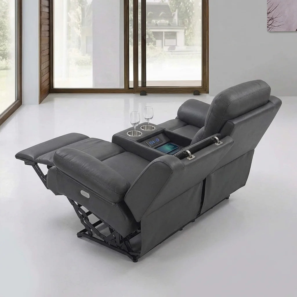 Center storage console with cup holders on black leather loveseat