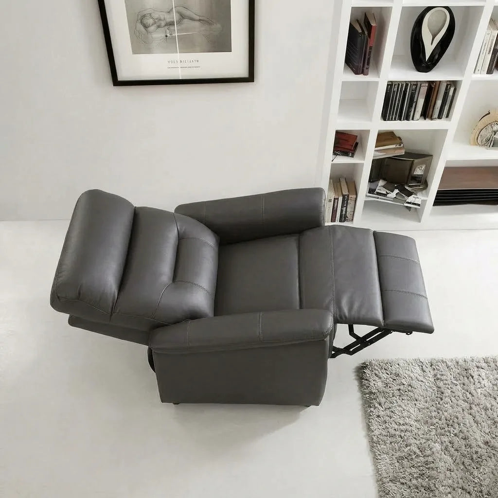 Side view of soft brown leather power recliner