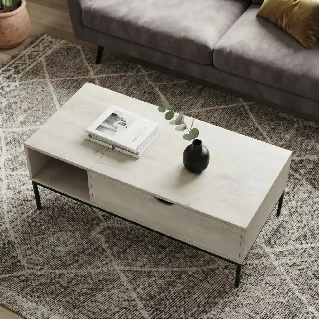 42 inch washed oak lift top coffee table with black metal legs