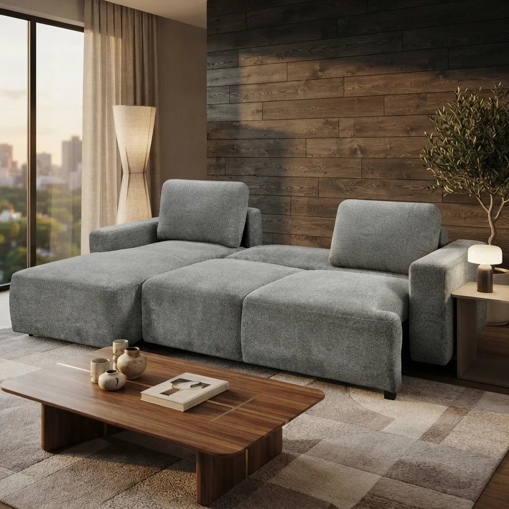 Charcoal grey fabric L-shaped sleeper sectional styled in a modern living room setting