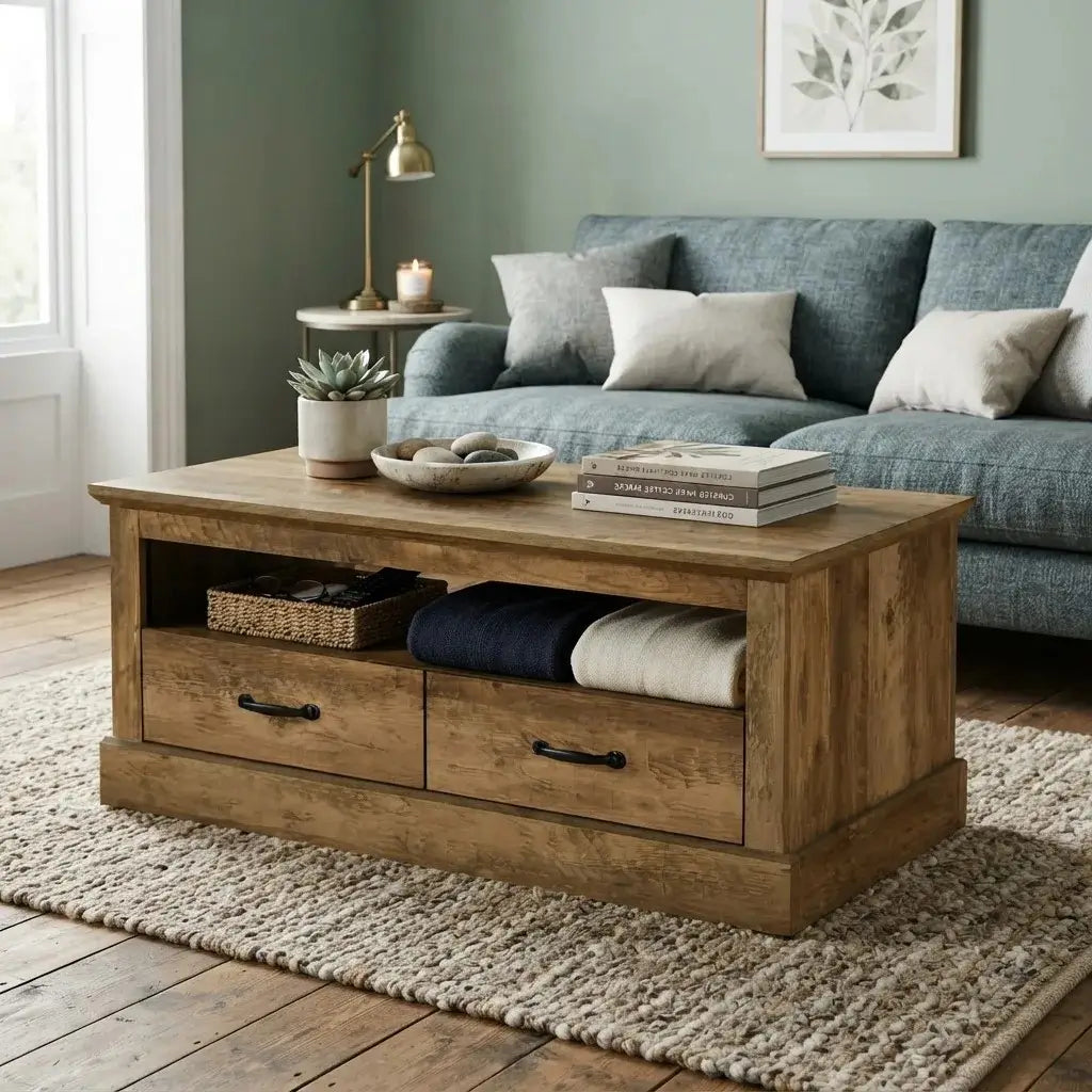 42 inch dark brown knotty oak storage coffee table with two drawers and open shelf in living room