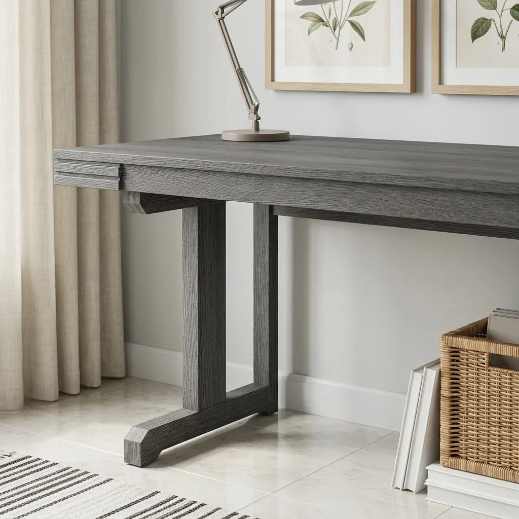 Front eye-level shot of a dark grey wooden study desk styled with a desk lamp, picture frames, and a wicker storage basket underneath.