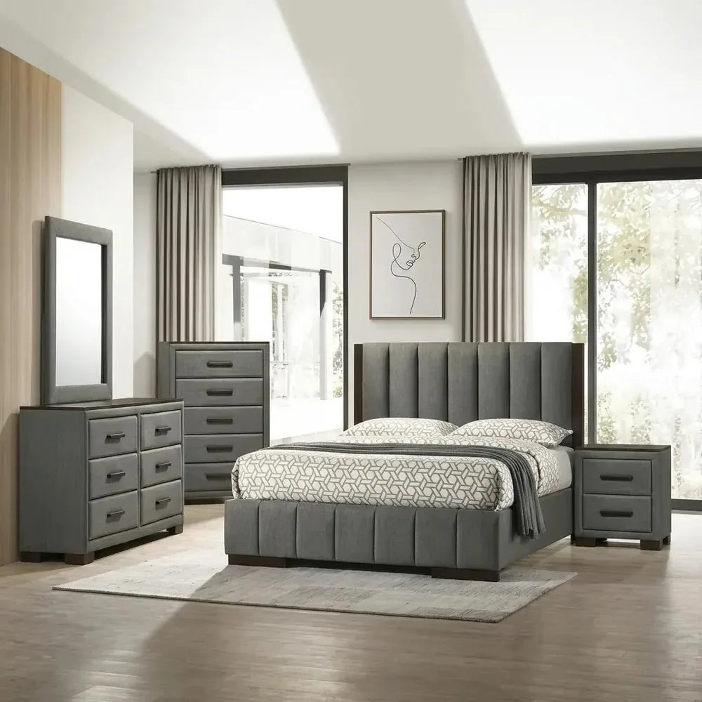 Dark grey fabric vertical channel tufted platform bed with brown wood trim in MI-DYL bedroom set