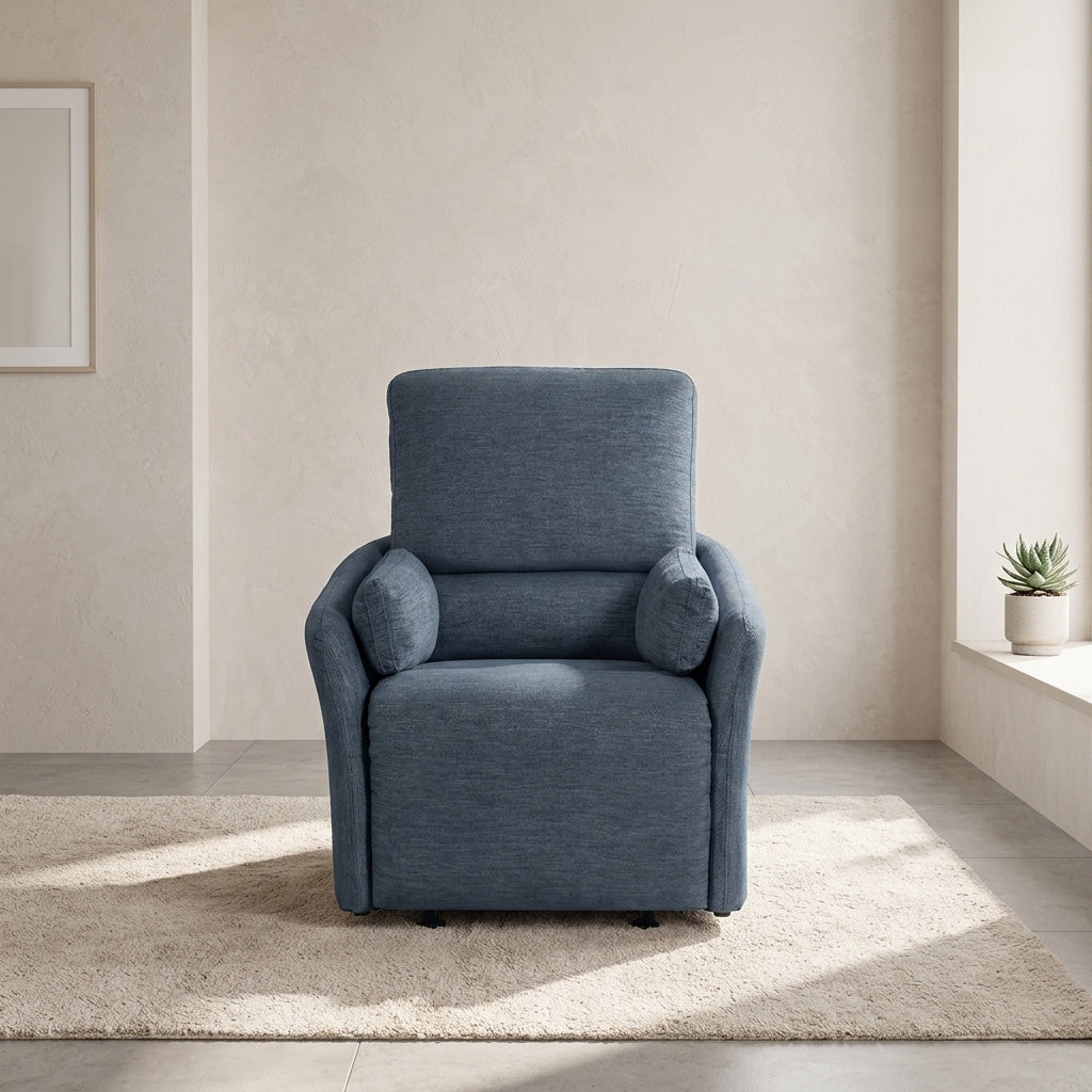 Direct front view of indigo blue textured fabric recliner with wide seat cushion and lumbar support