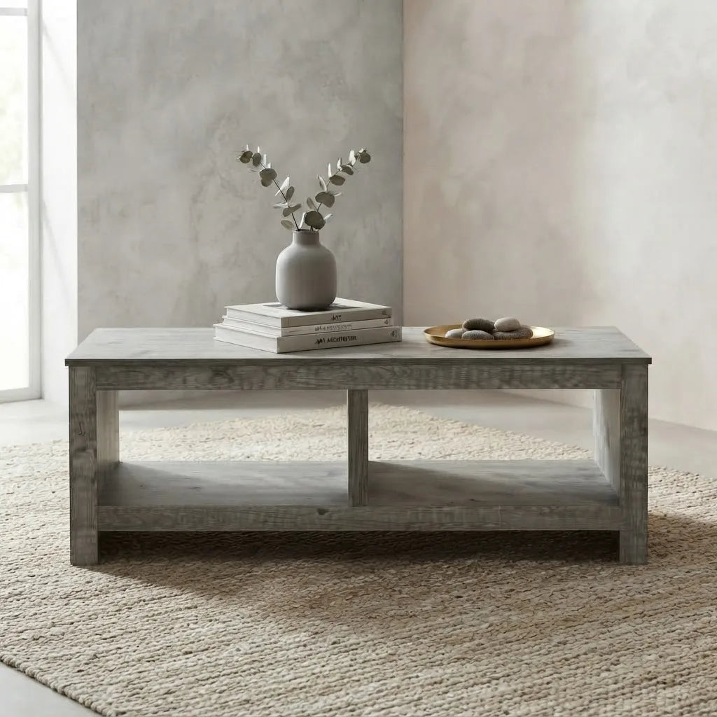 Modern rustic grey rectangular coffee table featuring spacious bottom shelf compartments