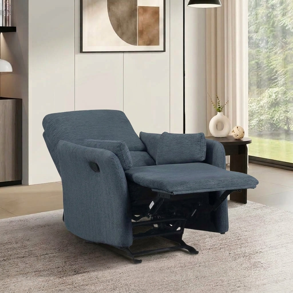 Indigo blue fabric recliner chair fully extended with footrest up in home interior