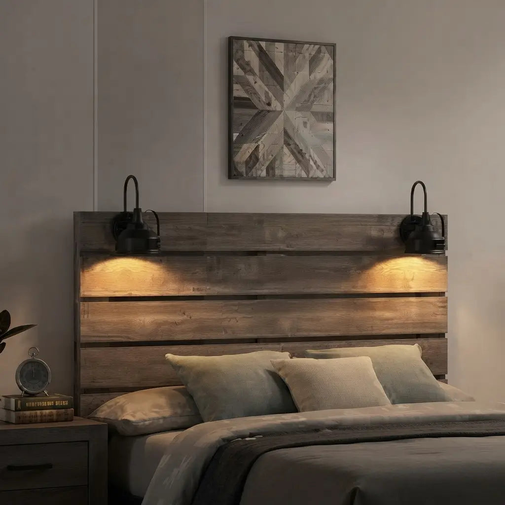 Driftwood gray wooden slat headboard featuring warm integrated LED touch lighting and dual USB charging ports