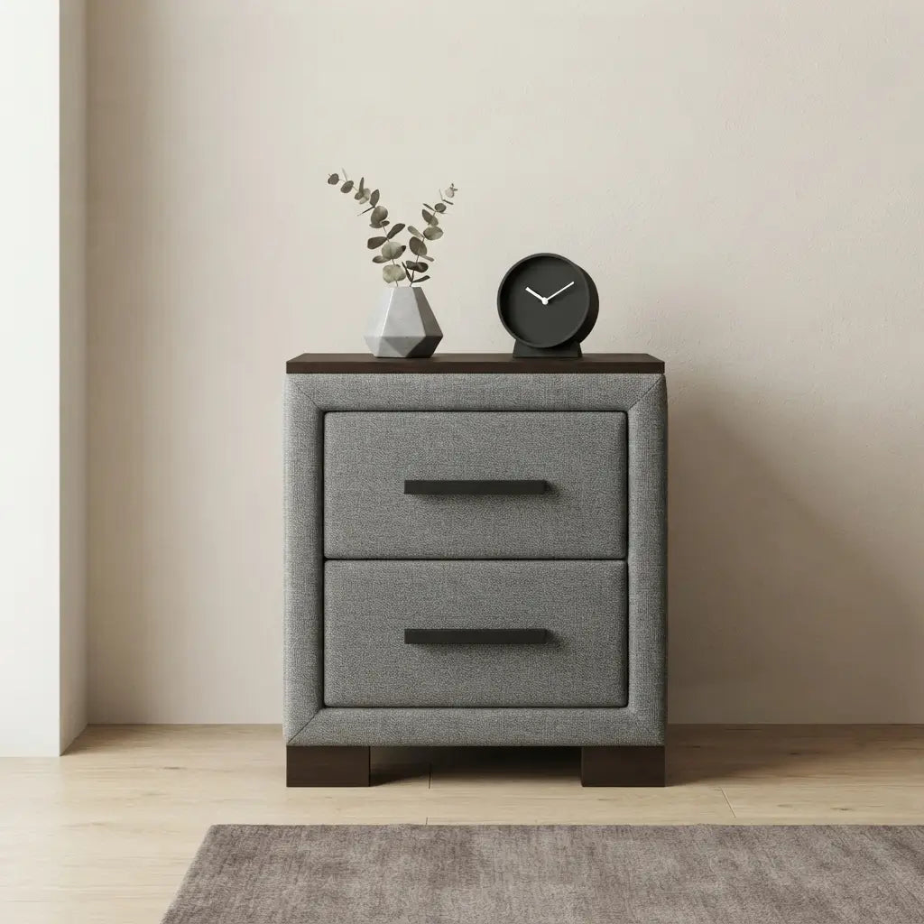 Dark grey fabric 2-drawer nightstand with sturdy legs and dark handles matching MI-DYL set