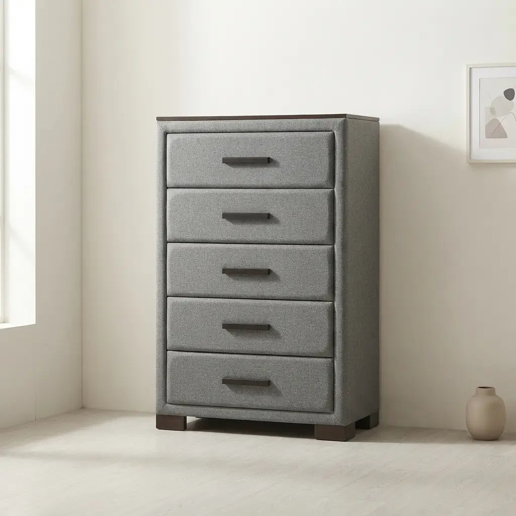 Dark grey fabric 5-drawer tall chest of drawers with brown wooden feet and handles