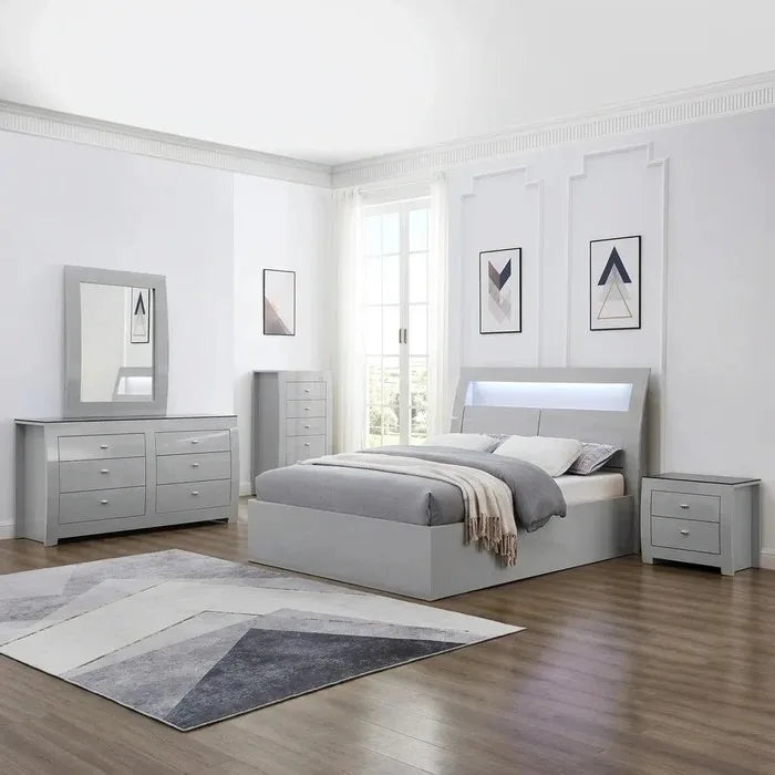 Modern dove grey high gloss LED platform bed with hydraulic storage in full MI-NY bedroom set